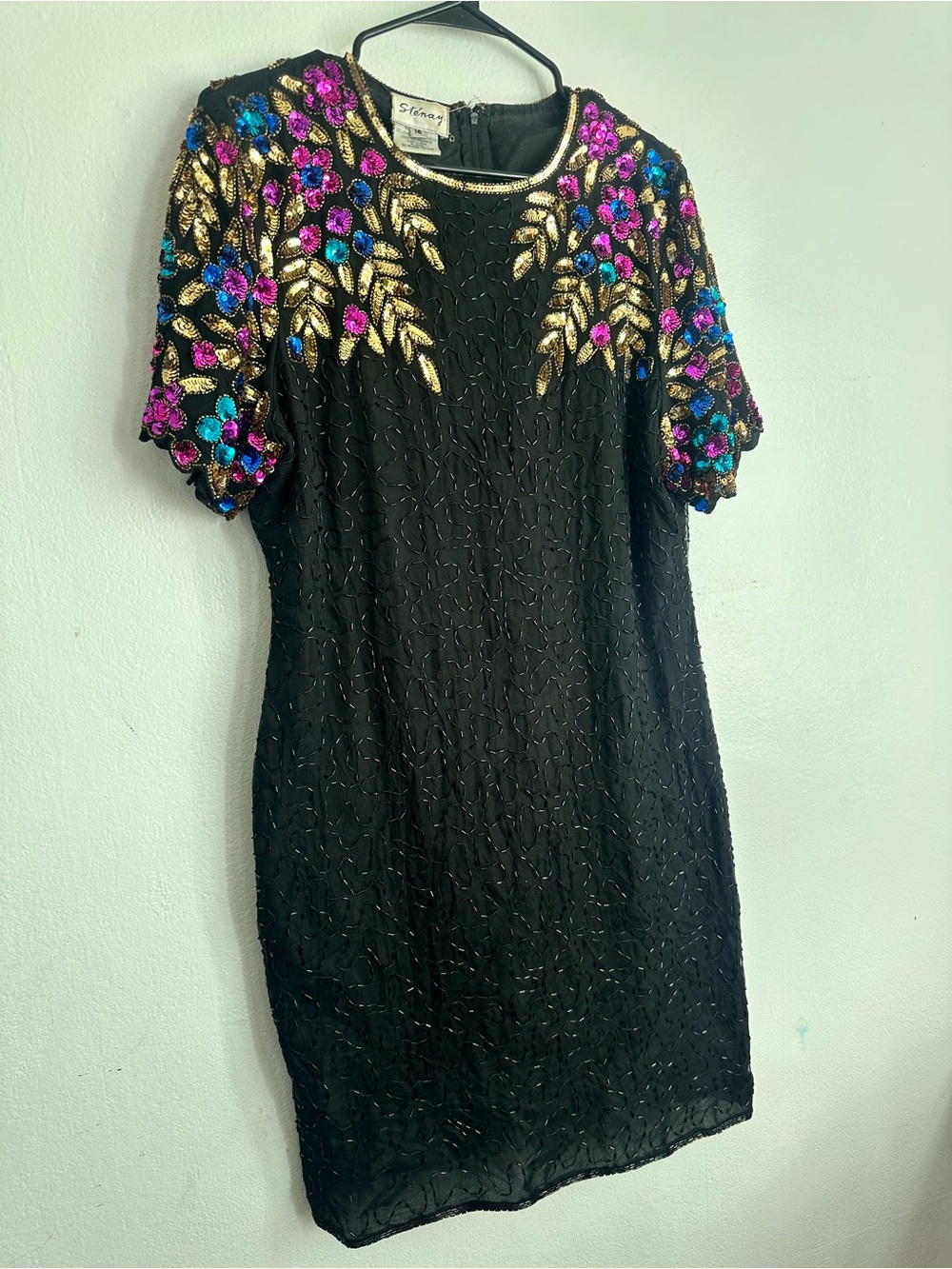 Vintage Black Mini Dress with Multicolor Sequin Floral Embroidery